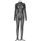 Women High Neck Lace Sexy Hollow See-Through Fishnet Zipper Jumpsuit