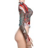 Women Winter Style Half-High Neck Long-Sleeved Mesh Printed T-Shirt