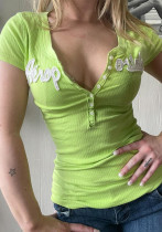 Women sexy v-neck letter print short-sleeved t-shirt top