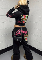 Women Casual Zipper Print Hoodies and Pants Two-piece Set