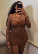 Women long sleeve round neck see-through beaded sexy bodycon dress