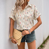 Women Summer Contrast Turndown Collar Line Print Shirt