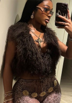 Women Fur Halter Neck V-Neck Backless Tether Crop Tank Top