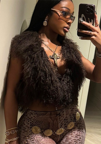 Women Fur Halter Neck V-Neck Backless Tether Crop Tank Top