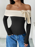 Women Long Sleeve Off Shoulder Bow T-Shirt