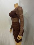 Women long sleeve round neck see-through beaded sexy bodycon dress