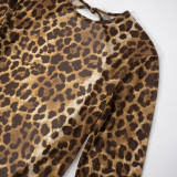 Women Round Neck Leopard Mesh Hollow Backless Button Jumpsuit