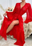 Women V-Neck Long-Sleeved Fluffy Sequin Nightgown