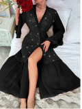 Women V-Neck Long-Sleeved Fluffy Sequin Nightgown