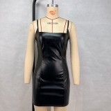 Women Sexy Off Shoulder Bodycon Pu Leather Strap Dress
