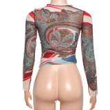 Women Winter Style Half-High Neck Long-Sleeved Mesh Printed T-Shirt