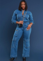 Women Stretchy long sleeve Cargo Denim Jumpsuit Women Stretchy long sleeve Cargo Denim Jumpsuit