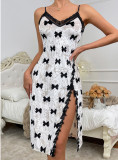 Women Sexy Printed Velvet Lace Patchwork Slit Suspender Nightdress
