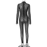 Women High Neck Lace Sexy Hollow See-Through Fishnet Zipper Jumpsuit