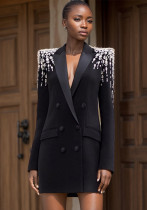 Women V-neck Beaded Diamond Blazer