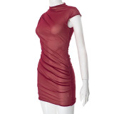 Women Round Neck Sexy See-Through Mesh Bodycon Dress