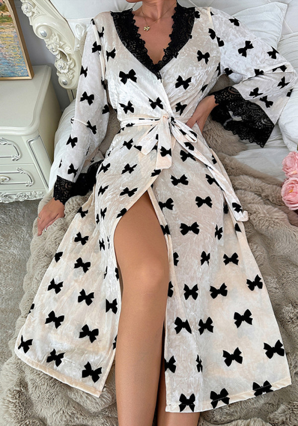 Women Velvet Nightgown Sexy Lace Bathrobe