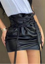 Women Sexy Lace-Up Pu-Leather Skirt