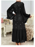 Women V-Neck Long-Sleeved Fluffy Sequin Nightgown