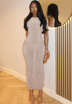 Women Winter Elegant Solid Sleeveless Round Neck Lace-Up Dress