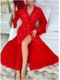 Women V-Neck Long-Sleeved Fluffy Sequin Nightgown