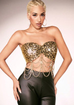 Women Sexy Leopard Sequin Strapless Top