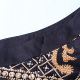 Women French Retro Beaded Single Sleeve Slash Shoulder Long Sleeve Dress