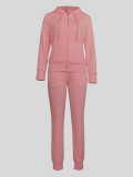 Women Casual Solid Hooded Zipper Pocket Top and Pants Two-Piece Set