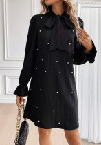 Women Bow Tie Beaded Long-Sleeved Solid Dress
