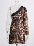 Women French Retro Beaded Single Sleeve Slash Shoulder Long Sleeve Dress
