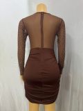 Women long sleeve round neck see-through beaded sexy bodycon dress