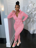 Women Casual Solid Hooded Zipper Pocket Top and Pants Two-Piece Set