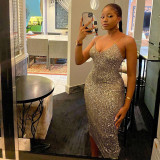 Women sequined suspenders sexy Backless Bodycon Dress