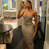 Women sequined suspenders sexy Backless Bodycon Dress