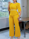 Women Elegant Solid Top and Wide Leg Pants Two-Piece Set