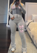 Women bow print zipper top and pants yoga two-piece set Women bow print zipper top and pants yoga two-piece set