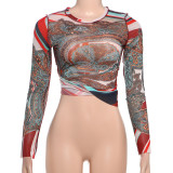 Women Winter Style Half-High Neck Long-Sleeved Mesh Printed T-Shirt