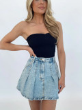 Women Casual Retro Denim Pleated Skirt