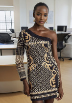 Women French Retro Beaded Single Sleeve Slash Shoulder Long Sleeve Dress