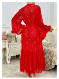 Women V-Neck Long-Sleeved Fluffy Sequin Nightgown