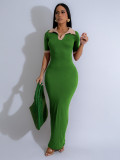 Female Turndown Collar Short Sleeve Slim Fit Long Dress