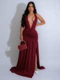 Summer Women's Halter Neck Low Back V-Neck Sexy Slit Pleated Long Dress
