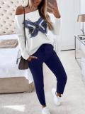 Spring Summer Fashion Contrast Slash Shoulder Casual Butterfly Decoration Long Sleeve Top Pants Two-Piece Set