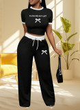Sexy Color Matching Round Neck Short Sleeve T-Shirt High Waist Drawstring Trousers Two-Piece Set