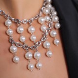 Women Accessories Fashion Double-Layer Tassel Imitation Pearl Metal Necklace