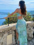 Women's Fashion Mesh Print Sexy Low Back Vest Slit Long Skirt Two-Piece Set