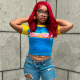 Women Letter Print Contrast Round Neck Crop Top