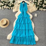 Summer Deep V-Neck Halter Neck Lace-Up Sleeveless Ruffle Women Slim Waist Holidays Long Dress
