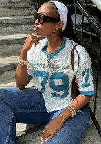 Casual Fashion Loose Street Print Trend V-Neck Short Sleeve Top Sports Style Striped T-Shirt