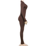 Spring Women's Sexy Tight Fitting V-Neck Long Sleeve Sports Casual Solid Color Jumpsuit